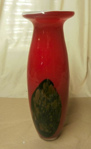 Vintage Blood Red Hand Blown Art Glass Vase - 16 " Tall - Black And Gold Design