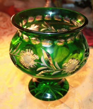 Antique Bohemian Classy Emerald Green Cut To Clear Crystal Large Bowl/vase