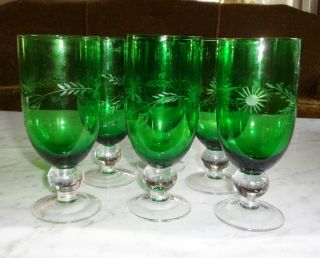 6 Elegant Antique Emerald Green Etched Delicate Dainty Water Tumblers