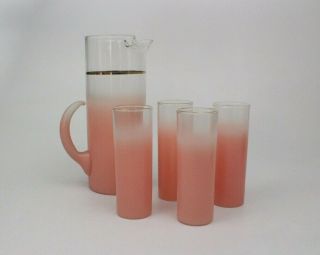 Vintage Blendo Mid - Century W.  Virginia Frosted Pink Cocktail Pitcher 4 Tumblers