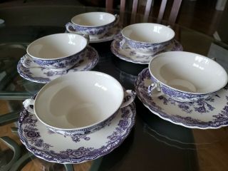 Crown Ducal Bristol Mulberry 5 Cream Soup Cups & Saucers Double Handle Rare