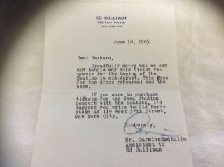 The Beatles - Letter From Ed Sullivan’s Asststant June 10th,  1965