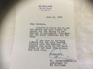 The Beatles - Letter from Ed Sullivan’s Asststant June 10th,  1965 2