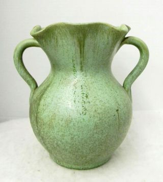 Signed Royal Crown Nc Pottery 2 Handle Vase,  Crystal Green Glaze,  Jack Kiser