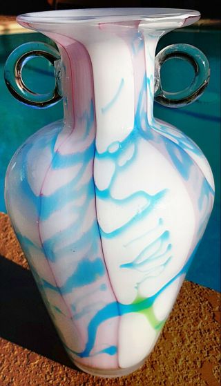 Vintage Murano Style Handblown White Cased Art Glass Handled Vase Multicolor