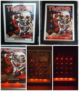 Iron Maiden Trooper Beer 16 Bottle Tops,  Collector Frame.  Display With Led