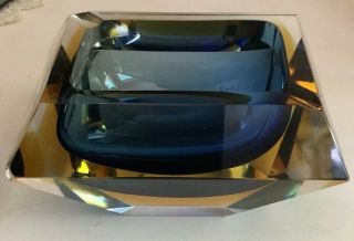 Vintage Italian Murano Sommerso Faceted Glass Ashtray Heavy Blue Golden Rootbeer