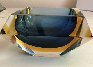 vintage Italian Murano Sommerso faceted glass ashtray heavy blue golden rootbeer 2