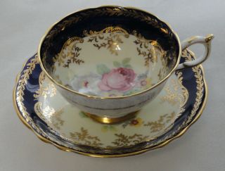Vintage Paragon England A206 Tea Cup & Saucer Blue Band Rose Bouquet Gold