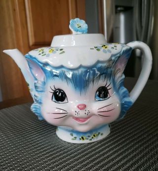 Vintage Lefton Miss Priss Teapot Blue Cat Kitty 1516 4 Cup Cond