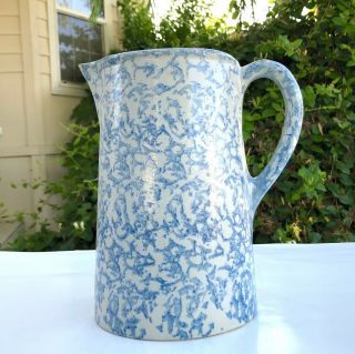 Blue And White Spongeware Splatterware Stoneware Huge Pitcher Antique Unmarked
