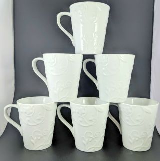Corelle Bella Faenza Porcelain Cordinates Embossed Floral White 10z Cup Mug 6 Pc