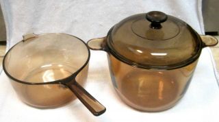Corning Vision Ware 3.  5 Qt Amber Stew Stock Pot W/ Pyrex Lid & 2.  5 L Saucepan