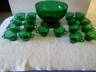 Vintage Anchor Hocking Green Glass Punch Bowl Base 18 Cups Mc Glass Ladle