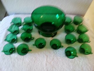 VINTAGE ANCHOR HOCKING GREEN GLASS PUNCH BOWL BASE 18 CUPS MC GLASS LADLE 2