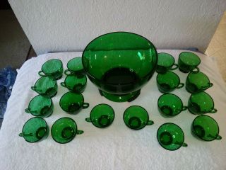VINTAGE ANCHOR HOCKING GREEN GLASS PUNCH BOWL BASE 18 CUPS MC GLASS LADLE 3