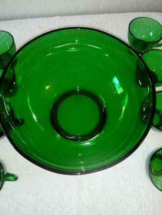 VINTAGE ANCHOR HOCKING GREEN GLASS PUNCH BOWL BASE 18 CUPS MC GLASS LADLE 6