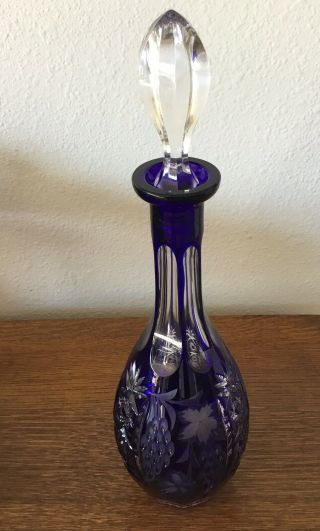 Traube By Nachtmann Colbalt Blue Decanter With Stopper Cut To Clear Crystal