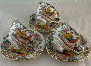 Antique Royal Crown Derby Olde Avesbury Cup Saucer 6 Pc Exotic Bird & Flowers