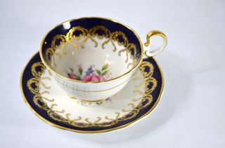 Vintage Aynsley Cobalt Blue Roses Tea Cup And Saucer Heavy Gold Teacup