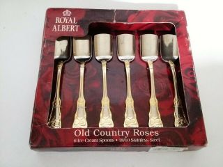 Set Of 6 Royal Albert Old Country Roses Stainless W/ Gold Ice Cream Spoons