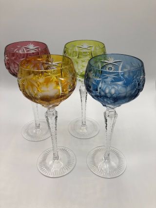 Set Of 4 Vintage Nachtmann Bavarian Colored Crystal Stems Cut - To - Clear