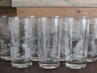 Vintage Set Of 7 Etched History Of Telephone - Phone Glasses - Glass - Tumblers
