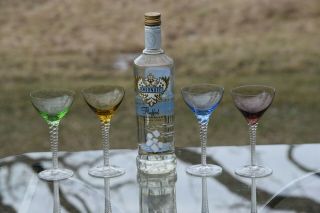 Vintage Multi Colored Clear Twisted Stem Wine Glasses Set Of 4,  4 Oz Wine Glass
