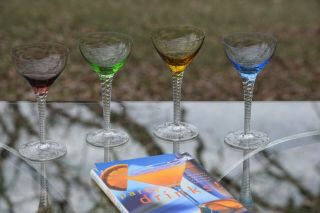 Vintage Multi Colored Clear Twisted Stem Wine Glasses Set of 4,  4 oz Wine Glass 8
