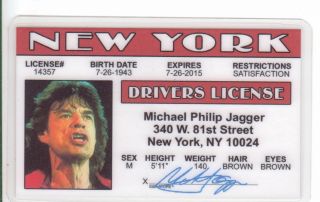 Mick Jagger The Rolling Stones Novelty Collectors Id Card Drivers License Starr