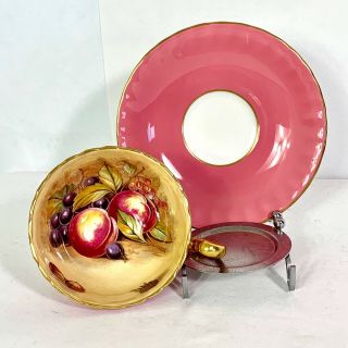 Aynsley Pink & Gold Orchard Fruit Peach Grape Motif Tea Cup & Saucer