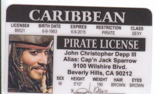Johnny Depp Pirates Of The Caribbean Novelty Collectors Card Drivers License
