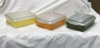 Three Vintage Pyrex 503 Refrigerator Dishes With Lids (yellow,  Green And Orange)