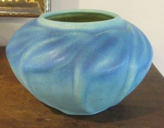 Vintage Van Briggle Pottery Bowl Blue/green Matte W/ Leaf Design