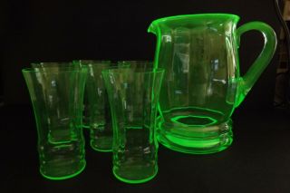MacBeth - Evans Green Rib Optic Depression Glass Pitcher & 6 Flat Tumblers 80 Oz 2