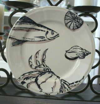 Gien France Bleu Ocean Dinner Plates Set Of 5 Fish Crab Lobster Shells 11 - 3/8 "