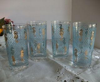 Set Of 4 Vintage Culver 22k Gold Seahorse Drinking Glasses