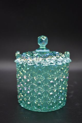 Fenton American Art Glass Blue Opalescent Daisy Button 6 " Covered Cracker Jar