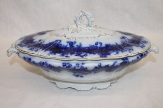 Antique Flow Blue " Garland " Oval Covered Vegetable Embossed Serving Bowl