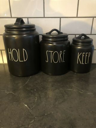 Rae Dunn L/l “keep”,  “hold” & “store” Black Canister Set Of 3 Htf Rare