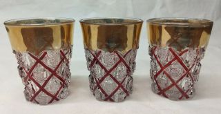 Eapg Cambridge Nearcut Ribbon Ruby Stained Gold Glass Set 3 Flat Water Tumblers
