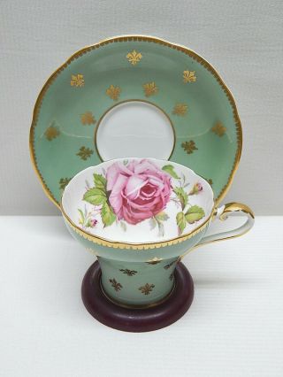 Great Aynsley Bone China Green Cup & Saucer W/ Cabbage Rose & Gilded Trim