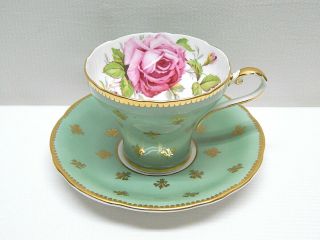 Great Aynsley Bone China Green Cup & Saucer w/ Cabbage Rose & Gilded Trim 4
