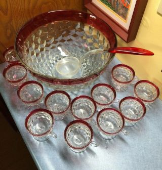Vintage Indiana Glass Whitehall Colony Red Trim Punch Bowl Set 12 Cups & Ladle