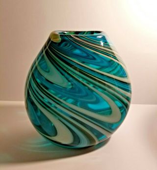 Teal Swirl Hand Blown Teardrop Art Glass Vase