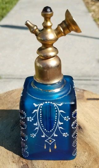 Antique Moser Glass Blue Jewel Top Painted Cut Etched Perfume Atomizer Bottle