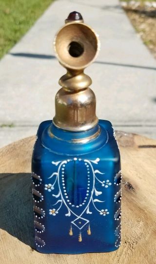 Antique Moser Glass Blue Jewel Top Painted Cut Etched Perfume Atomizer Bottle 2