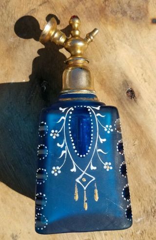 Antique Moser Glass Blue Jewel Top Painted Cut Etched Perfume Atomizer Bottle 3
