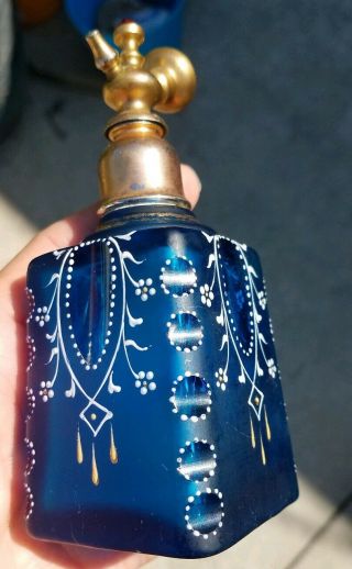Antique Moser Glass Blue Jewel Top Painted Cut Etched Perfume Atomizer Bottle 7