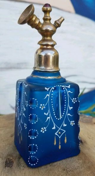 Antique Moser Glass Blue Jewel Top Painted Cut Etched Perfume Atomizer Bottle 8